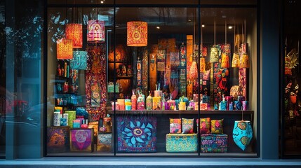 A creative souvenir shop window with vibrant, locally inspired designs. digital