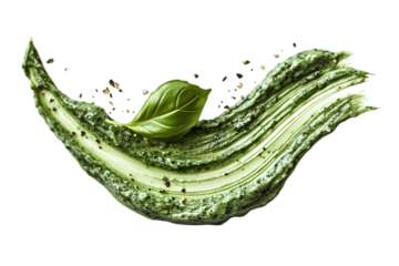 Fresh textured pesto brush stroke creates an artistic culinary display in a vibrant kitchen setting