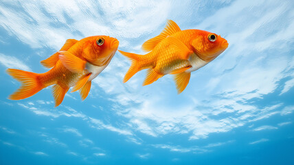 Fototapeta premium Vibrant goldfish swimming gracefully in clear blue aquarium, showcasing their bright orange colors and flowing fins. serene underwater scene evokes sense of tranquility and beauty