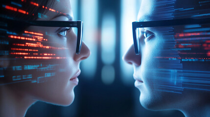 Digital data exchange concept with two individuals facing each other, technology interface background, futuristic scene.