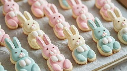 Cute pastel bunny cookies arranged in a neat row for Easter celebration, perfect for festive gatherings and treats