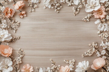 Fototapeta premium Flowers scattered on a wooden surface, top-down view, with text space. A natural and organic composition for romantic or celebratory designs.