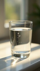 Simple and elegant glass of clean water with subtle morning light illuminating its surface, reflection, purity, clarity