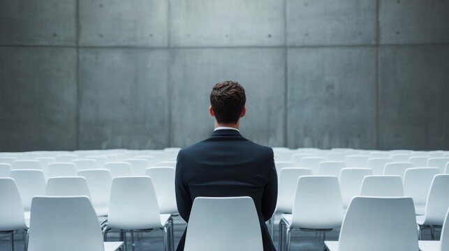 A lone figure sits in a minimalist setting, facing a row of empty chairs against a concrete wall, evoking feelings of solitude and anticipation.