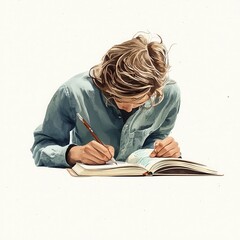 A focused individual writes in a book, showcasing concentration and creativity in a serene environment.