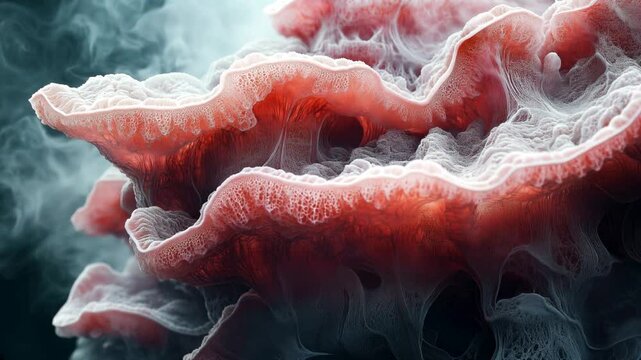 animation of flying spores of a weird ascomycota fungus mushroom, abstract lamella macro shot, close up, pink  alien structure