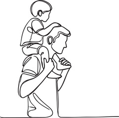 Father's Love. Line Drawing of Dad Carrying Child on Shoulders, Vector Design
