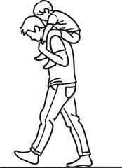 Father's Love. Line Drawing of Dad Carrying Child on Shoulders, Vector Design