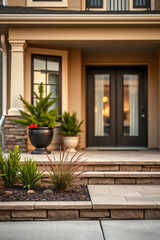 Luxury Home Exterior: Modern Architecture and Landscaping Design.  Stunning front entrance with stone steps and beautiful landscaping.  Perfect for real estate and home design inspiration.