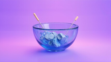 A bowl of blue colored gummy candies with spoons.