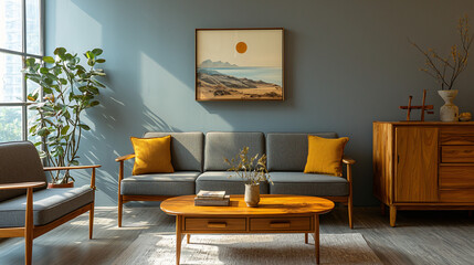 A serene Mid-Century Modern interior with warm wooden furniture, blending soft curves and sharp angles in perfect harmony. 