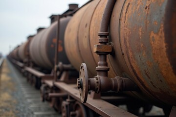 Naklejka premium A detailed close-up of an oil tankers coupling mechanism on a freight train, highlighting the robust metal parts and safety features. The blurred background includes other train components
