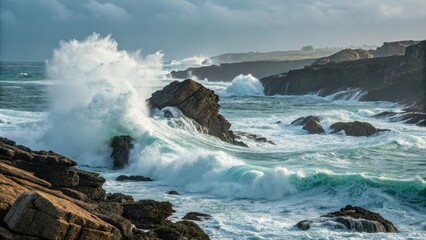 Fototapeta premium Seawater crashes against rocks on a rugged shoreline in a dramatic ocean scene, ocean waves seawater crashing rocks, ocean spray, shoreline, rocky shore