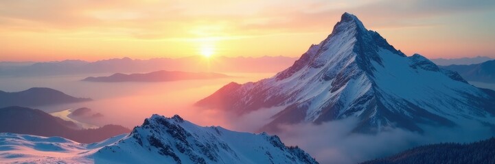 Sunlight creeps over the mountaintop, illuminating the frosty air, misty, landscape