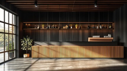 Modern interior design of a cozy caf&eacute; with wooden accents, plants, and warm lighting