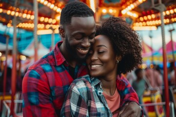 Obraz premium Portrait of a joyful afro-american couple in their 20s dressed in a relaxed flannel shirt isolated in vibrant amusement park