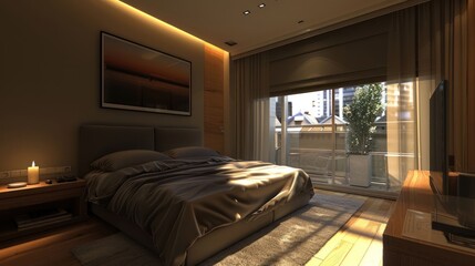 Fototapeta premium Modern bedroom interior with soft lighting, large window view, and urban backdrop
