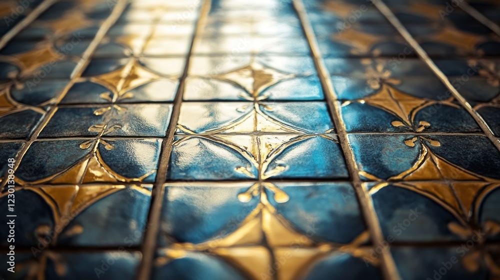Poster a close-up view captures the glossy surface of ceramic tiles adorned with elegant blue and gold desi