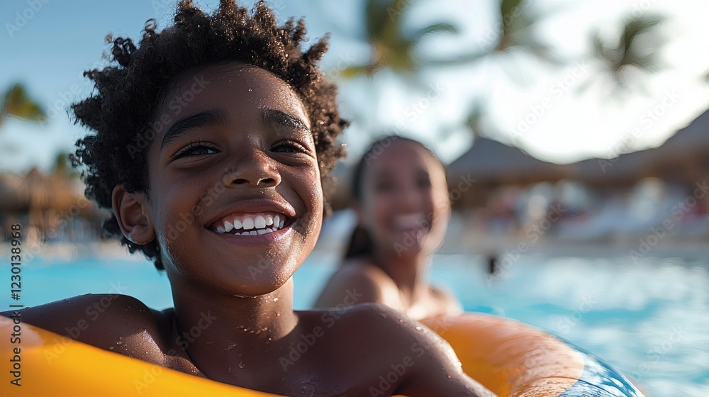 Aufkleber children laughing on a colorful inflatable raft in a resort pool parents watching from the poolside 