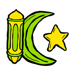 Hand-drawn of Islamic Symbolism with Star and Crescent