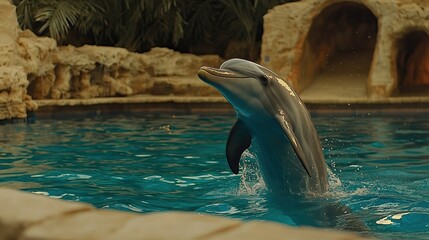 dolphin gracefully emerges from pool sleek form against backdrop of artificial rockwork and lush greenery