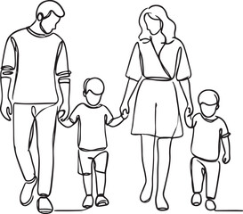 Simple Line Art of Parents and Kids Walking Together - Family Vector Illustration