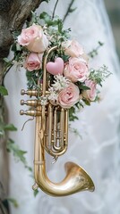 Vintage Trumpet with Pink Roses and Heart Decoration