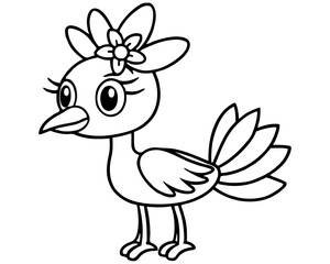  Cute Cartoon Bird Character Long Neck Big Eye Flower Crown Coloring Book Style