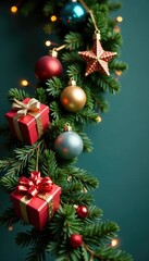 Fototapeta premium A fir twig garland adorned with colorful star-shaped ornaments, small gift boxes, and sparkling baubles, garland, holiday, stars