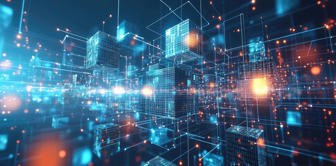 Futuristic Digital Cityscape with Neon Lights - Technology and Innovation Concept