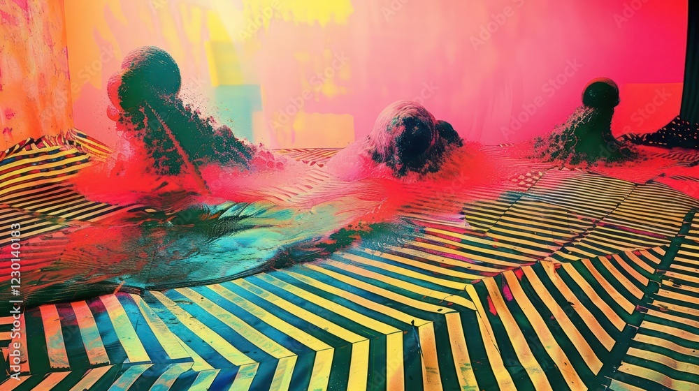 Poster surreal colorful landscape with abstract forms and vibrant patterns creating a dreamlike atmosphere