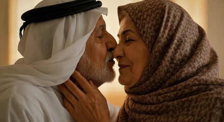 Elderly middle eastern couple sharing tender moment in traditional attire reflecting love and connection in warm light