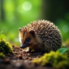 Naklejka premium a hedgehog curled up in a ball on the forest floor, prickly, spines