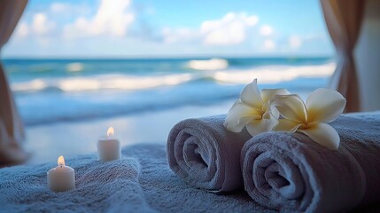 Luxury spa pavilion on a secluded beach ocean breeze and soft waves professional massage experience ultimate relaxation Stock Photo with side copy space