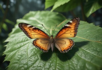 Fototapeta premium Small butterfly rests on a large leaf with veins , leaf, macro