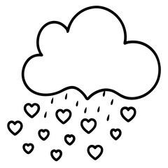 Romantic Cloud with Heart Showers Line Drawing