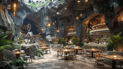 Stunning cave-themed restaurant interior with elegant lighting, lush plants, and cozy dining setup