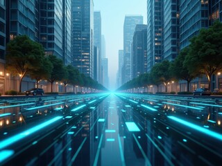 Fototapeta premium Exploring AI efficiency and energy consumption in urban environments with a focus on ecological aspects at twilight