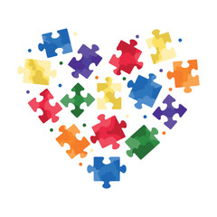 Cute jigsaw puzzle in heart shape in blue, yellow, green and red colors square isolated on white background. Hand drawn vector illustration in flat style. Autism spectrum disorder concept, children