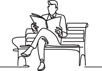Elegant Line Art Illustration of Man Reading Newspaper on Bench – Vector