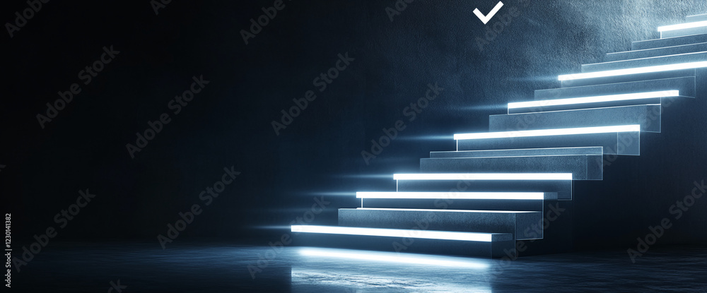 Poster Modern illuminated stairs with glowing LED lights in a dark setting, symbolizing progress, technology, and innovation. Abstract design concept representing upward movement and success