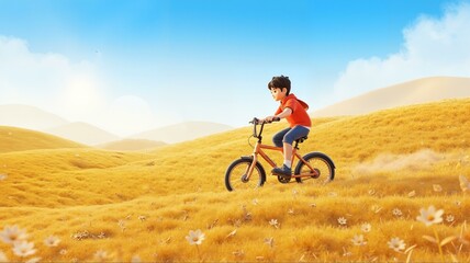 Fototapeta premium a boy is cycling on grass field with hills in background.