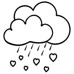 Romantic Cloud with Heart Showers Line Drawing
