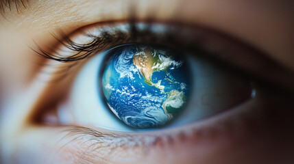 Naklejka premium Earth reflected in a human eye, created with generative AI technology 