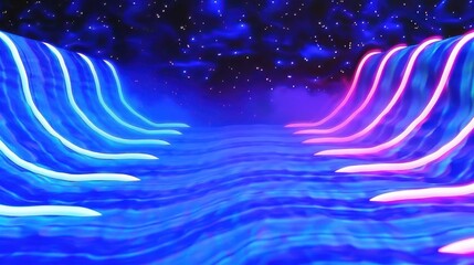 Futuristic neon waves flowing under a starry sky, creating a vibrant and surreal atmosphere