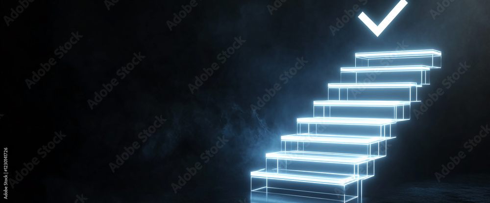 Poster futuristic illuminated stairs with glowing neon lights and a check mark symbol on a dark background,