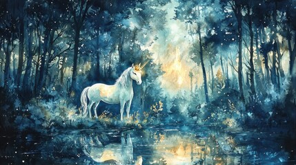 Watercolor painting of a white unicorn standing in a dark blue forest near a reflective pool. The scene is magical and serene, with soft light illuminating the unicorn.