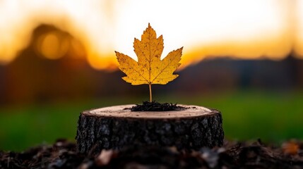 New Beginnings: A single, golden maple leaf sprouts from a weathered tree stump, bathed in the soft light of the setting sun, symbolizing hope, resilience, and the cycle of life. 