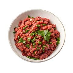 Fresh ground beef with various spices on a transparent background
