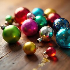 Colorful glass ornaments scattered on wooden table, colorful glass, holiday